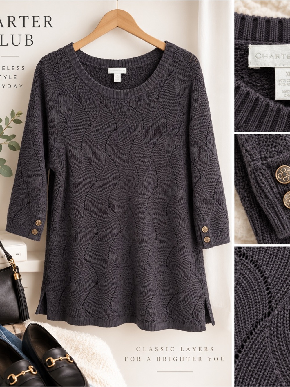 Charter Club XL Dark Royal Navy Open Knit Cotton Blend Sweater